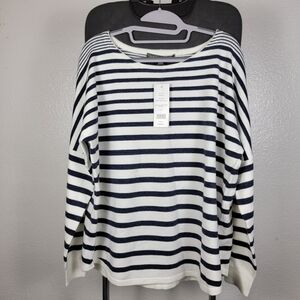 French Connection Navy White Drop Shoulder Boat Neck Striped Sweater Women Sz L